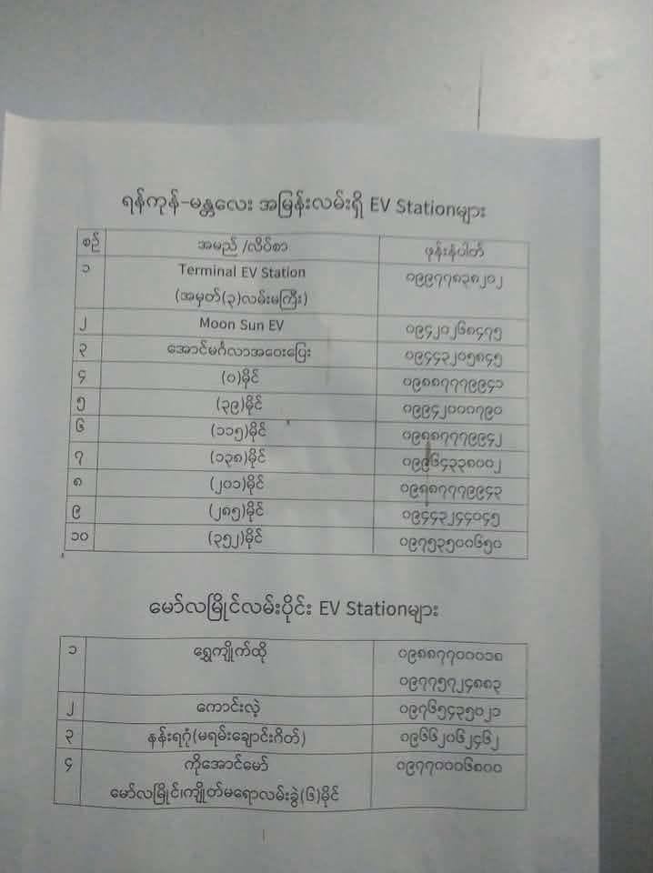 ရန်ကုန်-မန္တလေး အမြန်လမ်းရှိ EV Station များ